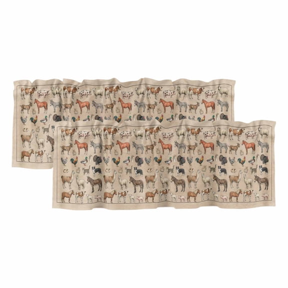 Farmhouse Animals Window Valance, Retro Cow Cock Sheep Pig Linen Texture 2 Pack Decorative Curtain for Small Windows, Light Filtering Valance with 3” Rod Pocket, 42"W x 12"L