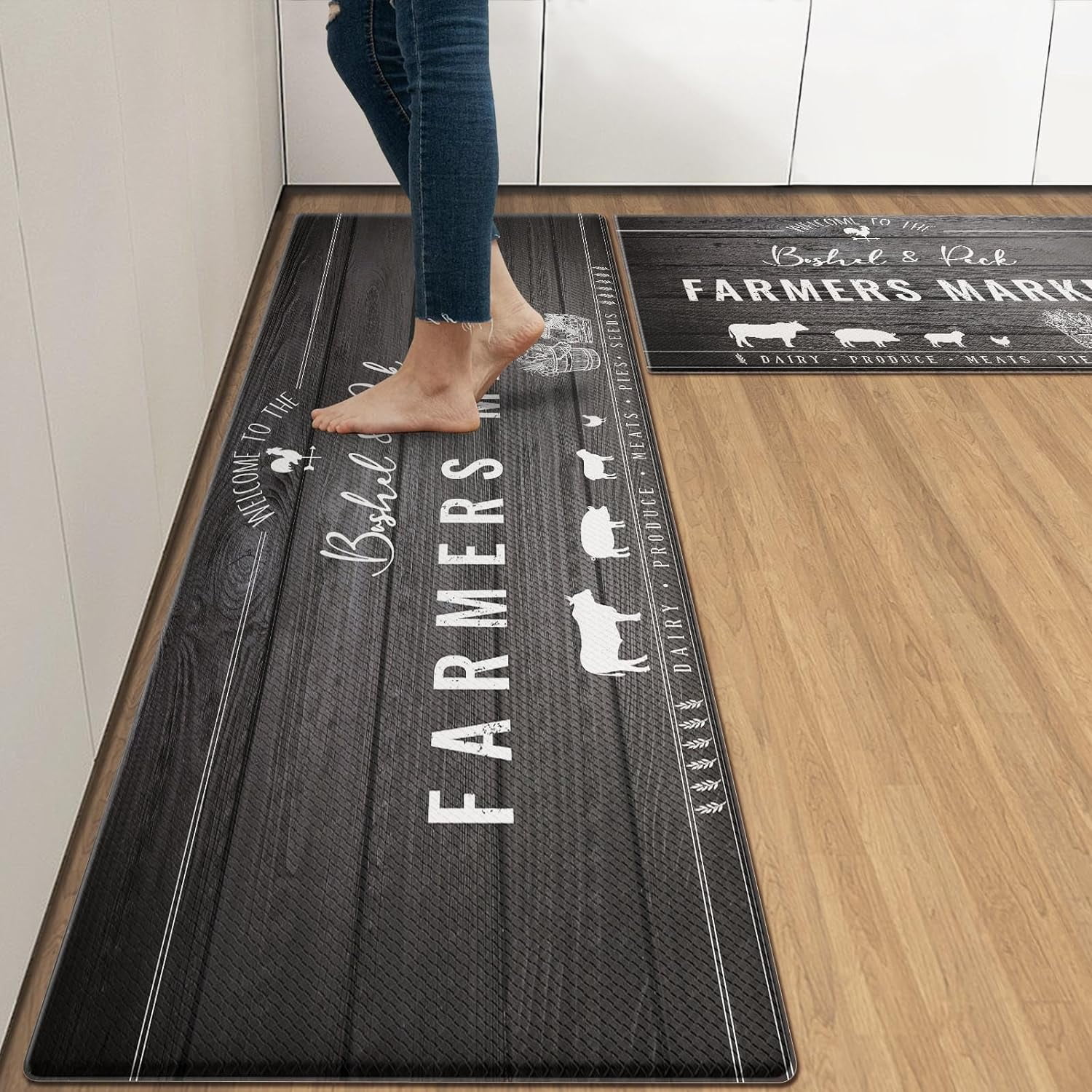 Farmhouse Anti-Fatigue Kitchen Rug Set of 2 Farmer Love Wood Black ...