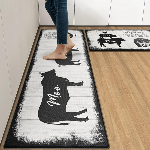Farmhouse Anti-Fatigue Kitchen Rug Set of 2 Grey Black Bull Pig Chicken Vintage Cushioned Kitchen Floor Standing Mat Waterproof Non-Slip Kitchen Mat and Rugs PVC Ergonomic Comfort Foam Rug