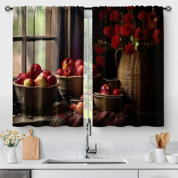Farmhouse Apple Fruit Kitchen Curtains - Art Small Short Cafe Curtains Country Rustic Retro Vintage Flower Tier Curtains Decor for Living Dining Room Rod Pocket Window Drapes 2 Panels 28"x24"
