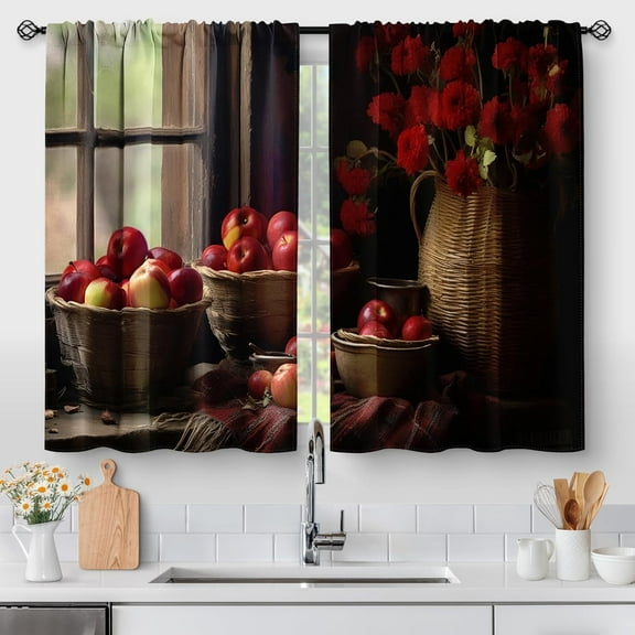 Farmhouse Apple Fruit Kitchen Curtains - Art Small Short Cafe Curtains Country Rustic Retro Vintage Flower Tier Curtains Decor for Living Dining Room Rod Pocket Window Drapes 2 Panels 28"x24"