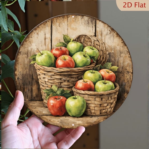 Farmhouse Apple Harvest Round Metal Wall Art, Rustic Fruit Still Life Decorative Aluminum Sign, 8x8 Inch Circular Wall Decor