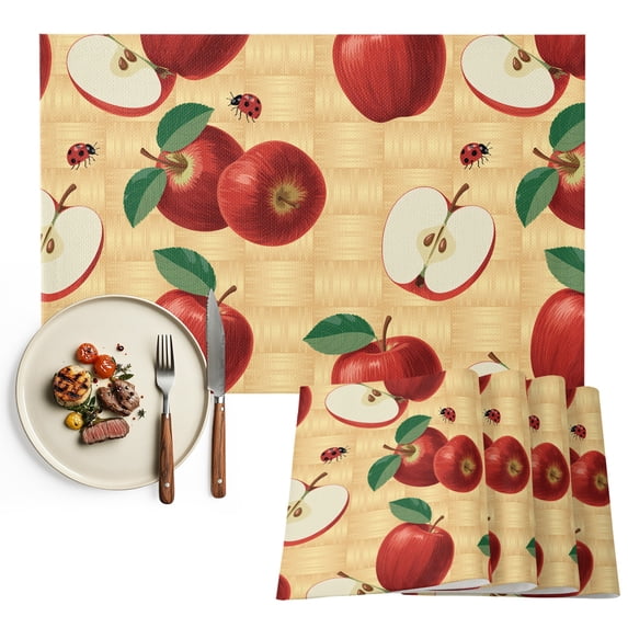 Farmhouse Apples Placemats Set of 6, Country Tropical Fruits Watercolor Washable Wipeable Table Mats for Dining Tables, Indoor Outdoor Kitchen Place Mats for Holiday Party Table Decor