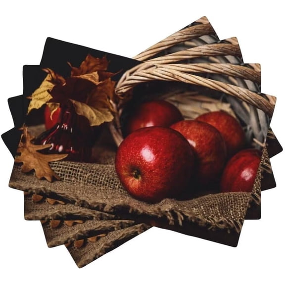 Farmhouse Apples Placemats, Vintage Linen Background Rustic Red Apple Flower Dead Leaf Print Place Mats for Party Kitchen Dining Decoration, 12x18 Inch, 4PCS