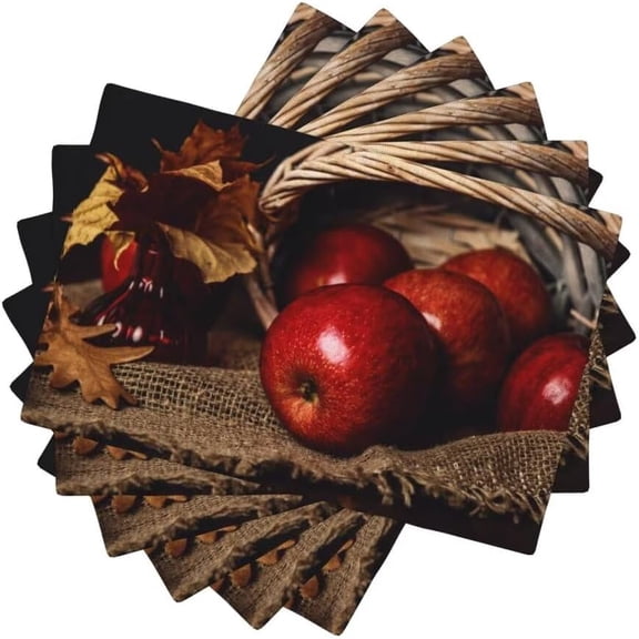 Farmhouse Apples Placemats, Vintage Linen Background Rustic Red Apple Flower Dead Leaf Print Place Mats for Party Kitchen Dining Decoration, 12x18 Inch, 6PCS