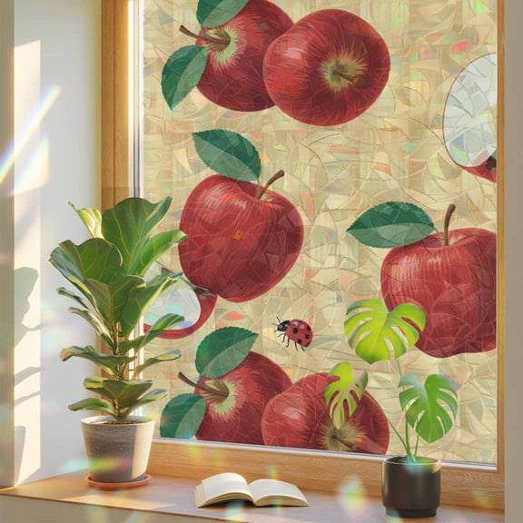 Farmhouse Apples Window Privacy Film Rainbow Static Cling Stain Glass Window Film for Glass Door, Decorative Sunroof Decal Sticker for Car Bathroom Home 19.6"x39.3" Country Tropical Fruits Watercolor