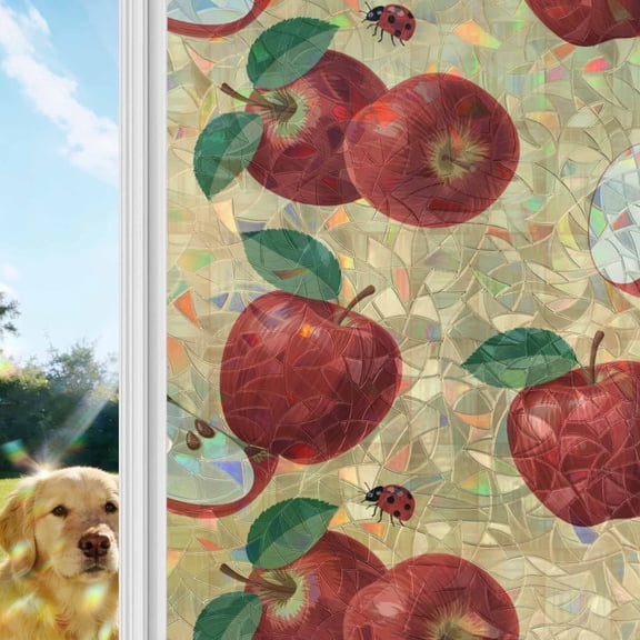Farmhouse Apples Window Privacy Film Stain Glass,Reusable Decorative Rainbow Window Film,Country Tropical Fruits Watercolor Static Cling Sun Blocking Stickers Decals Covers 23.6" x 59" (2pcs)