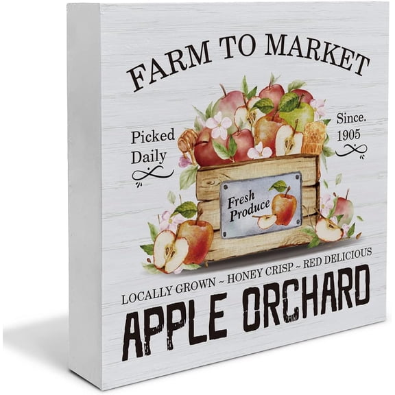 Farmhouse Apples Wood Box Sign Decor Desk Sign Apple Orchard Wooden Box Block Sign Rustic Home Kitchen Shelf Wall Decoration 5" x 5"