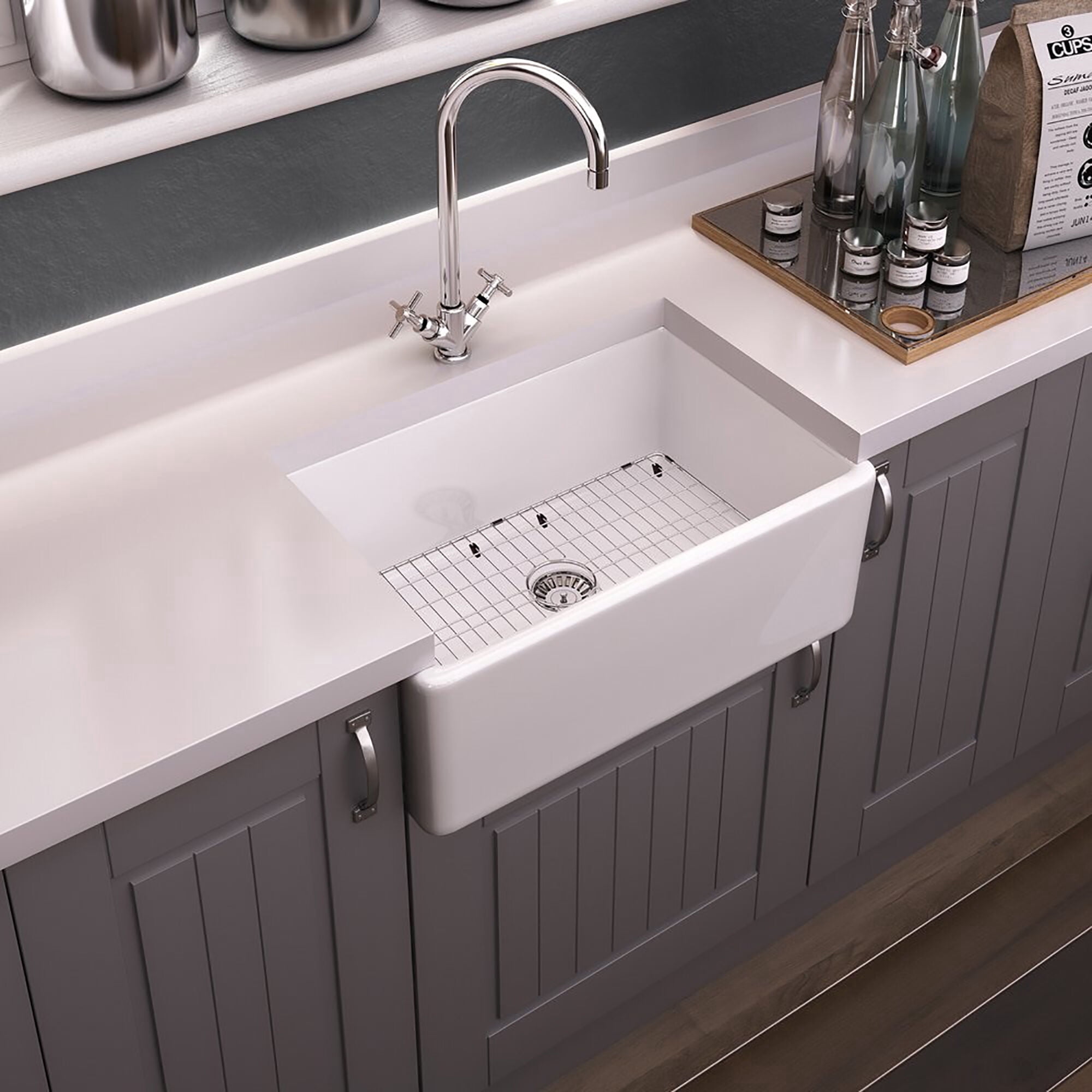 Nuie Kitchen Sink with Grid, 30 inch Single Bowl Apron Front Farmhouse Sink, Fireclay Ceramic Finish Kitchen Sinks, Central Waste - 30x18x10" (White)