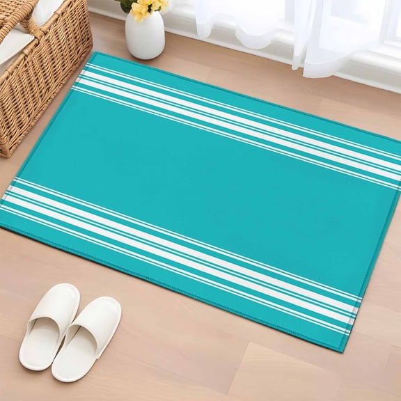 Farmhouse Aqua 2'x3' Rug for Entryway Front Door Kitchen Sink Area, White Stripe Low Pile Washable Non Slip Rectangle Area Rug for Living Room Dining Room, Bathroom Accent, Entryway, Beside Bed