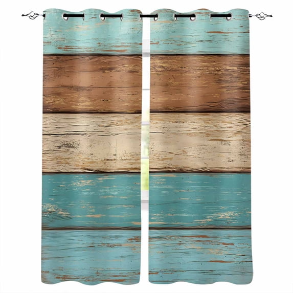 Farmhouse Aqua Brown Blackout Curtains for Bedroom - 84 Inch Long Light Blocking 2 Panels Set, Vintage Wooden Striped Thermal Insulated Living Room Drapes Grommet Window Curtains 52"x84"