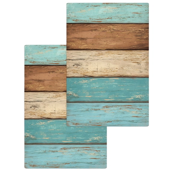 Farmhouse Aqua Brown Kitchen Dish Towels for Drying Dishes Set of 2, Vintage Wooden Striped Waffle Weave Microfiber Hand Tea Bathroom Towels Quick Dry & Absorbent Towel 15.7x23.6