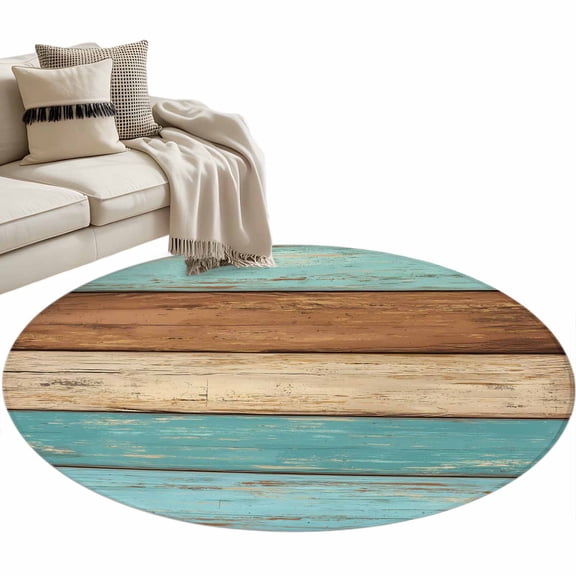 Farmhouse Aqua Brown Large Area Rugs for Bedroom Living Room, Soft Non Slip Carpet Bedside Rug, Vintage Wooden Striped Round Floor Cover Kitchen Accent Rug 3' for Dining Room/Office
