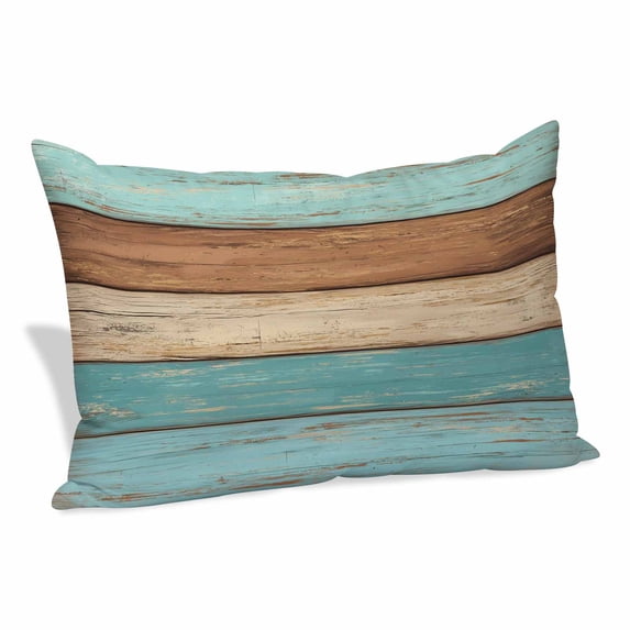 Farmhouse Aqua Brown Pillow Covers, Linen Long Throw Pillow Case, Vintage Wooden Striped Holiday Pillow Protector Decorative Cushion Cover for Living Room/Bedroom 20" x 30"
