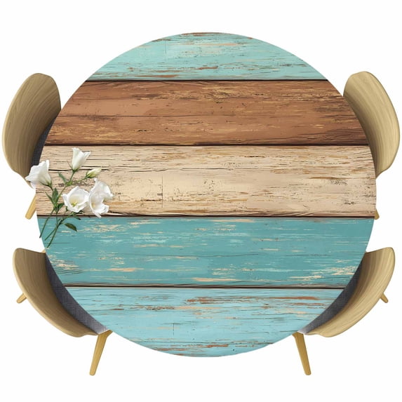Farmhouse Aqua Brown Round Tablecloth, Fitted Table Cover with Elastic for 36"-44" Round Tables, Vintage Wooden Striped Table Cloth Outdoor Indoor Dinning Party Waterproof Tablecloths