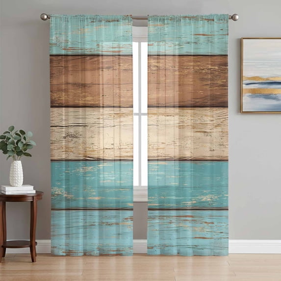 Farmhouse Aqua Brown Sheer Curtains 96 Inch Length 2 Panels Set Window Treatments, Vintage Wooden Striped Rod Pocket Semi Curtains for Living Room/Bedroom/Kitchen Décor, 104"W x 96"L