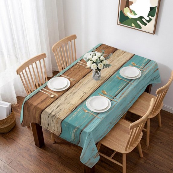 Farmhouse Aqua Brown Table Cloth Waterproof Tablecloths, Vintage Wooden Striped Tablecloth Dining Table Cover for Kitchen Party Tabletop Outdoor, Rectangle Tablecloth 52x70 Inch