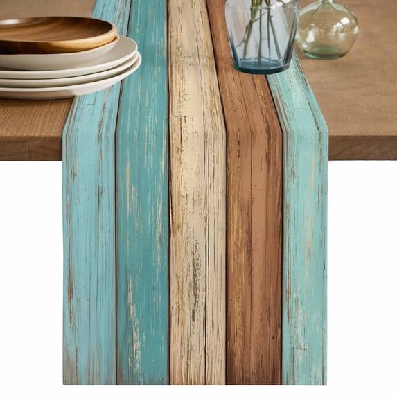 Farmhouse Aqua Brown Table Runner, Vintage Wooden Striped Washable Cotton Linen Table Runners 72 Inches Long, Dresser Scarf Runner for Dining Tables/TV Stands/Coffee/Cabinets 18''x72''