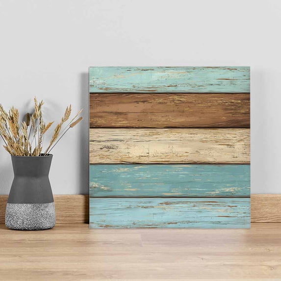 Farmhouse Aqua Brown Wall Art Painting on Canvas, Vintage Wooden Striped Canvas Art Home Prints Wall Art Framed Modern Artwork for Living Room Bedroom Wall Decor 12x12in