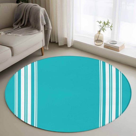 Farmhouse Aqua Round Rugs for Living Room 3ft White Stripe Non Slip Circle Rug Washable Low-Profile Indoor Carpet for Bedroom, Dining Room, Bathroom