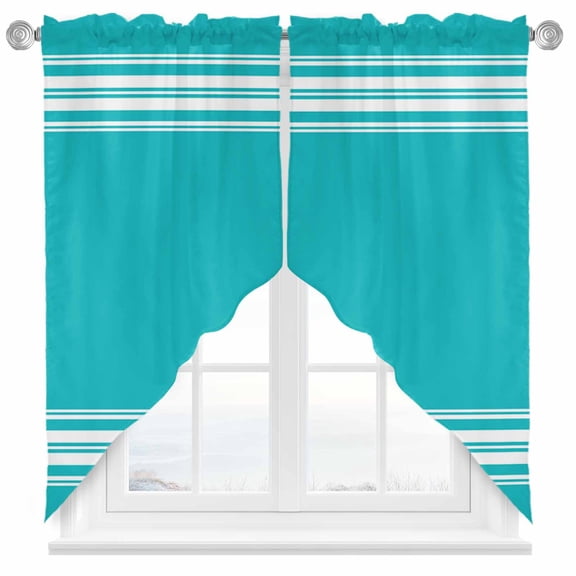 Farmhouse Aqua Swag Valances for Windows 2 Pack White Stripe Swag Kitchen Curtains 36 Inches Long Rod Pocket Short Window Treatment for Kitchen Bathroom 28"x36"