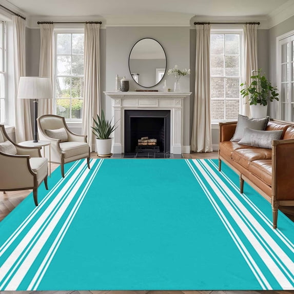 Farmhouse Aqua Washable Living Room Rugs 8'x10', White Stripe Low Pile Throw Large Area Rug Non-Slip Sturdy Edge Binding Carpet for Bedroom Dining Room Office
