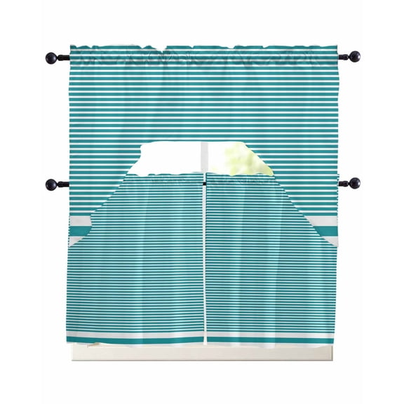 Farmhouse Aqua White Striped Kitchen Curtains Set for Windows 3 Piece Cafe Curtains 36 Inch Length Swag Curtains Valances and Tier Set Modern Stripes Drapes for Bedroom Bathroom Living Room
