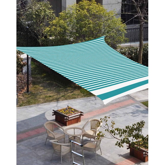 Farmhouse Aqua White Striped Sun Shade Sail 6.5'x10' Rectangle Outdoor Shade Canopy, Modern Stripes Porch Shades Outdoor Sun Blocking Screen, Sunshade Cloth Covers for Patio/Deck/Garden
