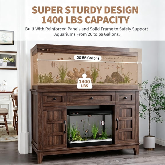 Farmhouse Aquarium Stand Cabinet with Built-In Power Outlet - Fits 55 Gallon Fish Tank - Heavy-Duty Support - Double Doors & Storage for Fish/Turtle/Reptile Terrarium - Brown