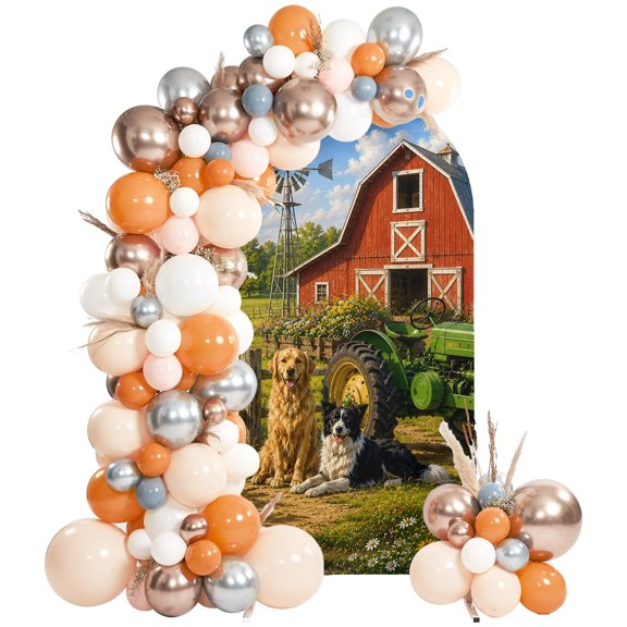 Farmhouse Arch Backdrop Cover 4 FT, Rural Natural Scenery Dog Cow Animals Barns Grasslands Wedding Arch Cover Stretchy Backdrop Stands Covers for Birthday Party Ceremony Banquet Decor