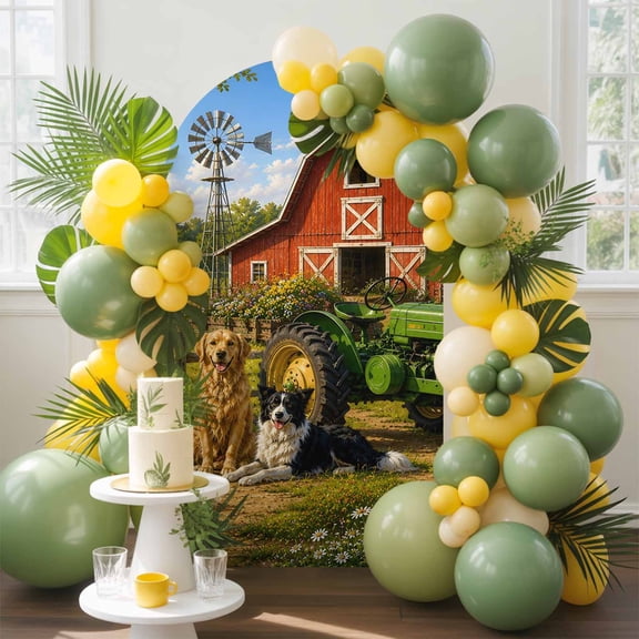 Farmhouse Arch Backdrop Cover, 4FT, Rural Natural Scenery Dog Barns Grasslands Spandex Arch Covers Double-Sided Backdrop for Wedding Birthday Party Photo Background Decoration