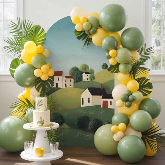Farmhouse Arch Backdrop Cover, 4FT, Rural Village Houses Pastoral Landscape Spandex Arch Covers Double-Sided Backdrop for Wedding Birthday Party Photo Background Decoration