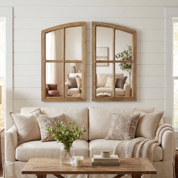 Farmhouse Arch Wood Window Pane Mirror(Set of 2) 33 x 18