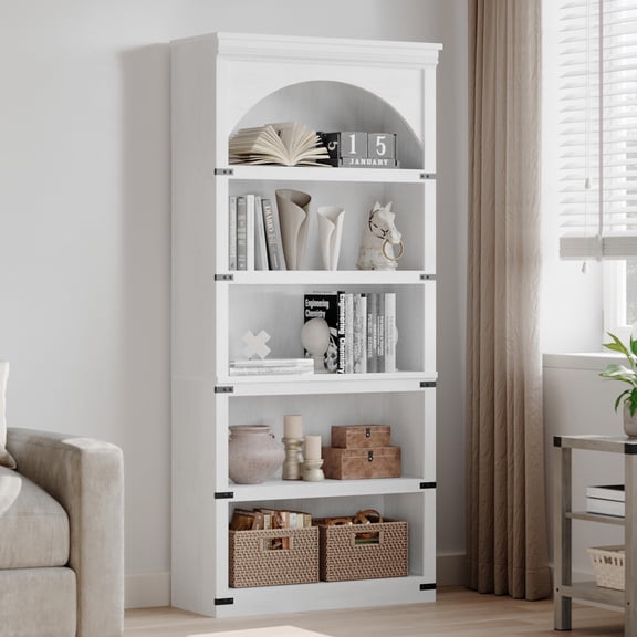 Farmhouse Arched Bookcase, 69" Tall 5-Tier Bookshelf with Wooden Base, Rustic Vintage Shelf for Living Room, Home Office, or Library Storage