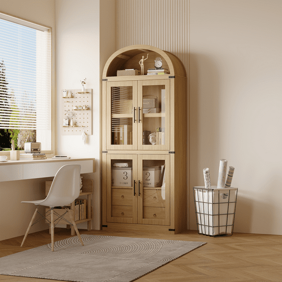 Farmhouse Arched Bookcase with Doors and Drawers, Deep Display Cabinet Storage Shelves Wooden Bookshelf for Living Room and Office