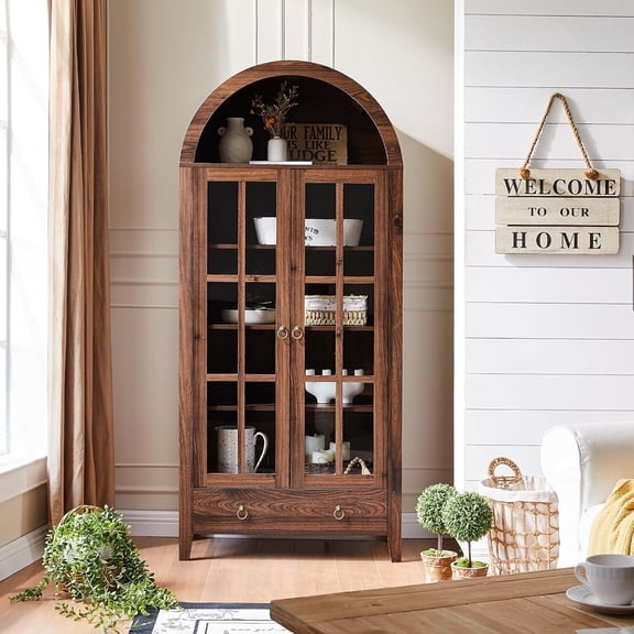 Farmhouse Arched Cabinet with Glass Doors, Wood Display Cabinet with Drawer and Adjustable Shelves, 71” Tall Bookshelf Modern Storage Kitchen Pantry for Living Room,Office (Walnut) | Glass Doors