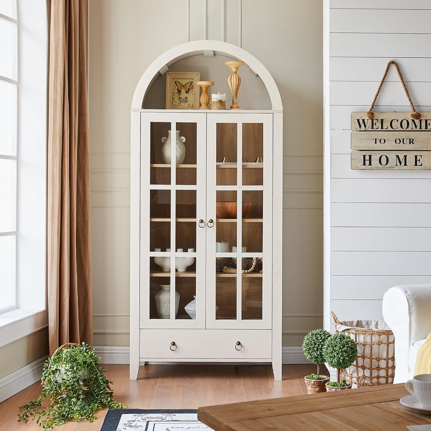 Furniouse 70.2" Farmhouse Arched Storage Cabinet With Glass Doors - Tall Bookcase Display Unit