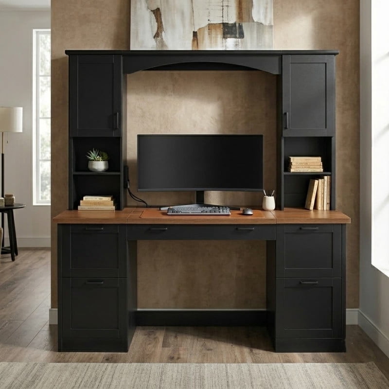 Farmhouse Arched Computer Desk with Hutch, Home Office Desk with Charging Station & Keyboard Tray, All-in-One Writing Desk with File Drawers for Study, Office