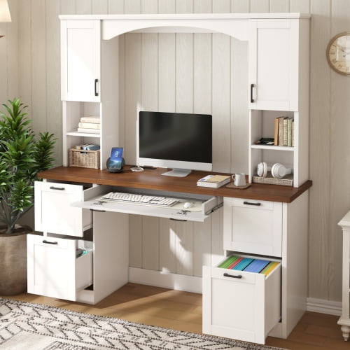 Farmhouse Arched Computer Desk with Hutch, Mid-Century Walnut Home Office Workstation with Charging Station and Keyboard Tray, All-in-One Writing Desk with File Drawer for Study, Office, White