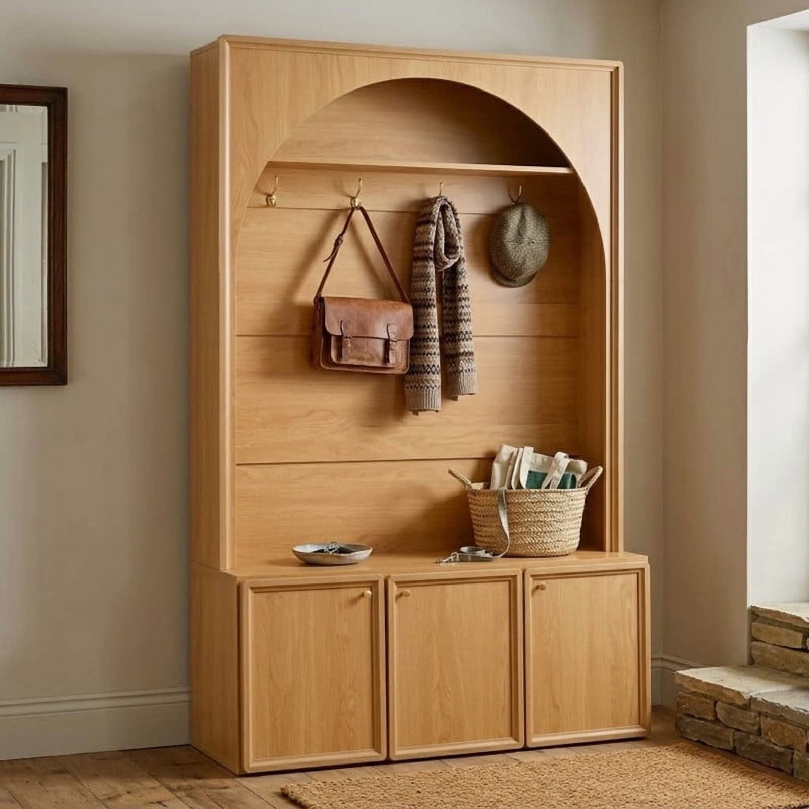 Farmhouse Arched Design Hall Tree with Adjustable Shelves, Entryway Storage Bench with 3 Cabinets, Mudroom Coat Rack Organizer with 4 Golden Hooks