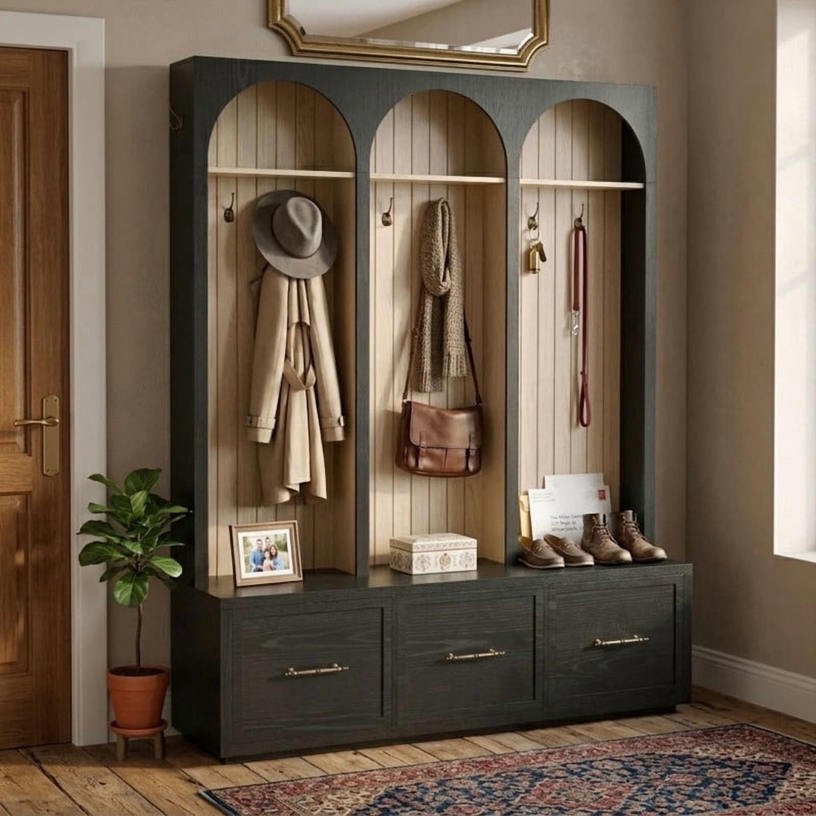 Farmhouse Arched Design Hall Tree with Retro Hooks, Entryway Seating Bench with 3 Storage Drawers, Elegant Coat Rack for Living Room