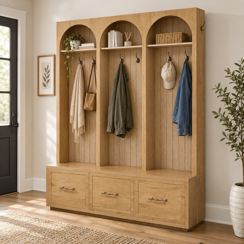Farmhouse Arched Design Hall Tree with Retro Hooks, Entryway Seating Bench with 3 Storage Drawers, Elegant Coat Rack for Living Room