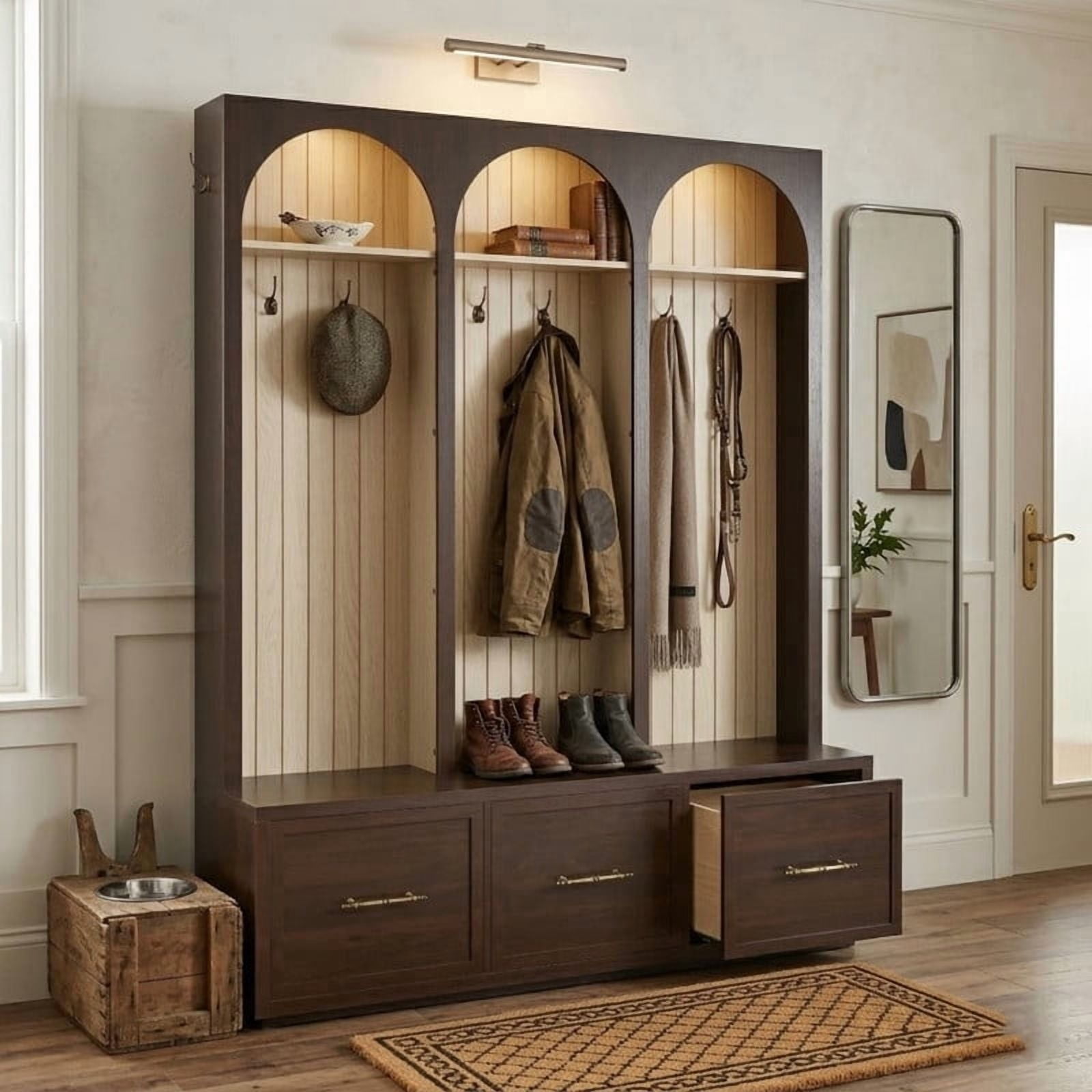 Farmhouse Arched Design Hall Tree with Retro Hooks, Entryway Seating Bench with 3 Storage Drawers, Elegant Coat Rack for Living Room