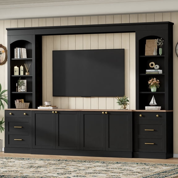 Farmhouse Arched Entertainment Center Wall Unit with Bookshelf, Retro Large TV Stand with Wood Grain for TVs Up to 70", 106inch Multi-Functional Media Console with Drawers for Living Room, Black