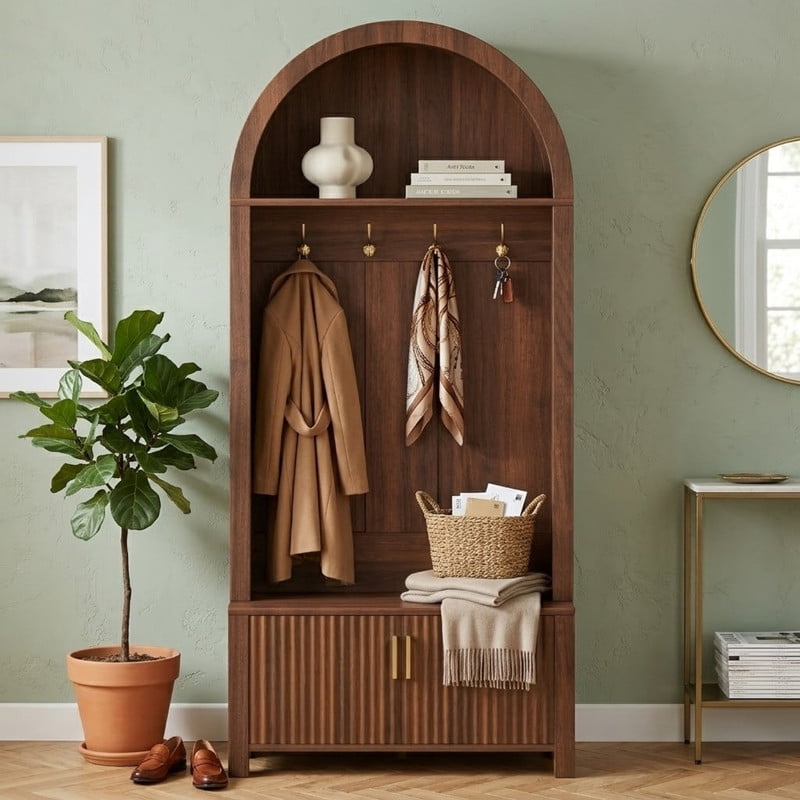 Farmhouse Arched Hall Tree with Storage Bench, Mudroom Bench with 2-Door Cabinet, 70.3'' Coat Rack with 4 Metal Hooks, Entryway Mudroom Organizer with Solid Wood Legs for Hallway & Living Room