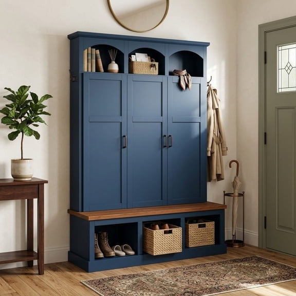 Farmhouse Arched Hall tree with Open Compartments, Classic Entryway Bench Shoe Organizer with Cubbies, Coat Rack with Storage Cabinets for Hallway