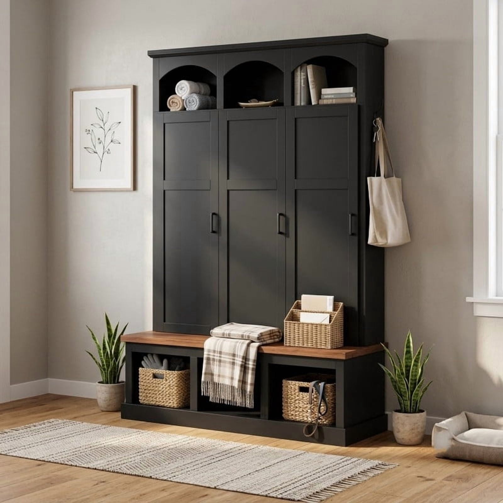 Farmhouse Arched Hall tree with Open Compartments, Classic Entryway Bench Shoe Organizer with Cubbies, Coat Rack with Storage Cabinets for Hallway