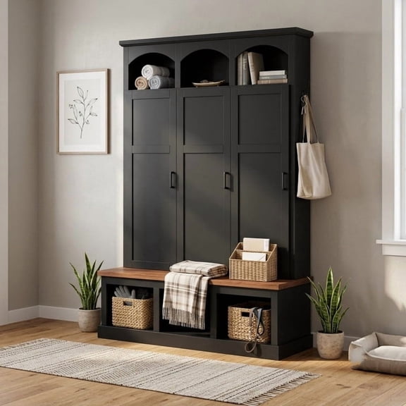 Farmhouse Arched Hall tree with Open Compartments, Classic Entryway Bench Shoe Organizer with Cubbies, Coat Rack with Storage Cabinets for Hallway