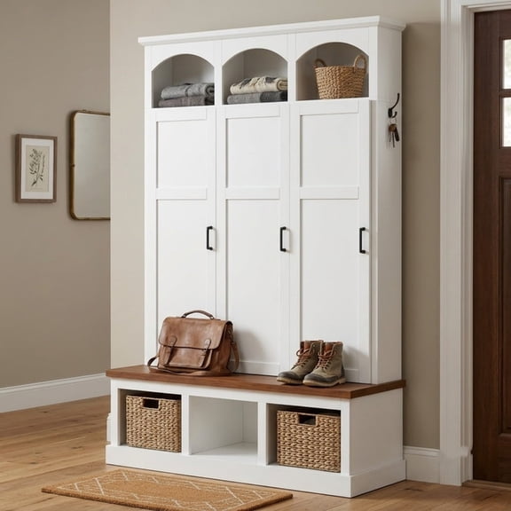 Farmhouse Arched Hall tree with Open Compartments, Classic Entryway Bench Shoe Organizer with Cubbies, Coat Rack with Storage Cabinets for Hallway