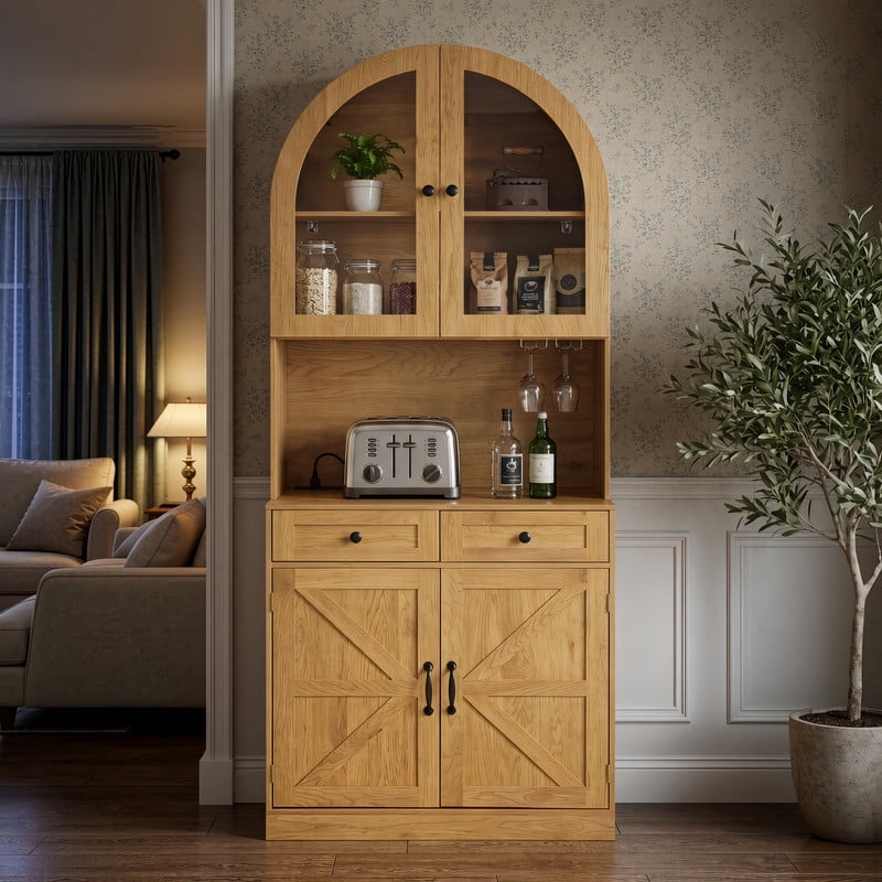 Farmhouse Arched Kitchen Storage Pantry with Charging Station on Open Countertop, Coffee Bar Cabinet with Adjustable Shelf